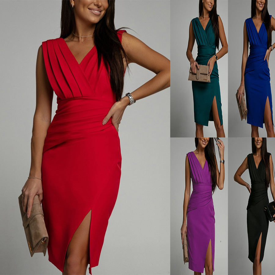 Robe d’Été Glamour – Col V, Taille Haute & Fente Élégante