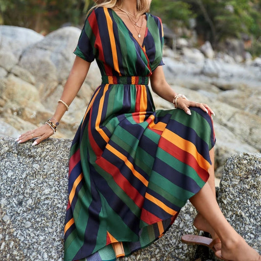 Robe Longue Femme – Chic à Rayures & Col V, Parfaite pour l’Été